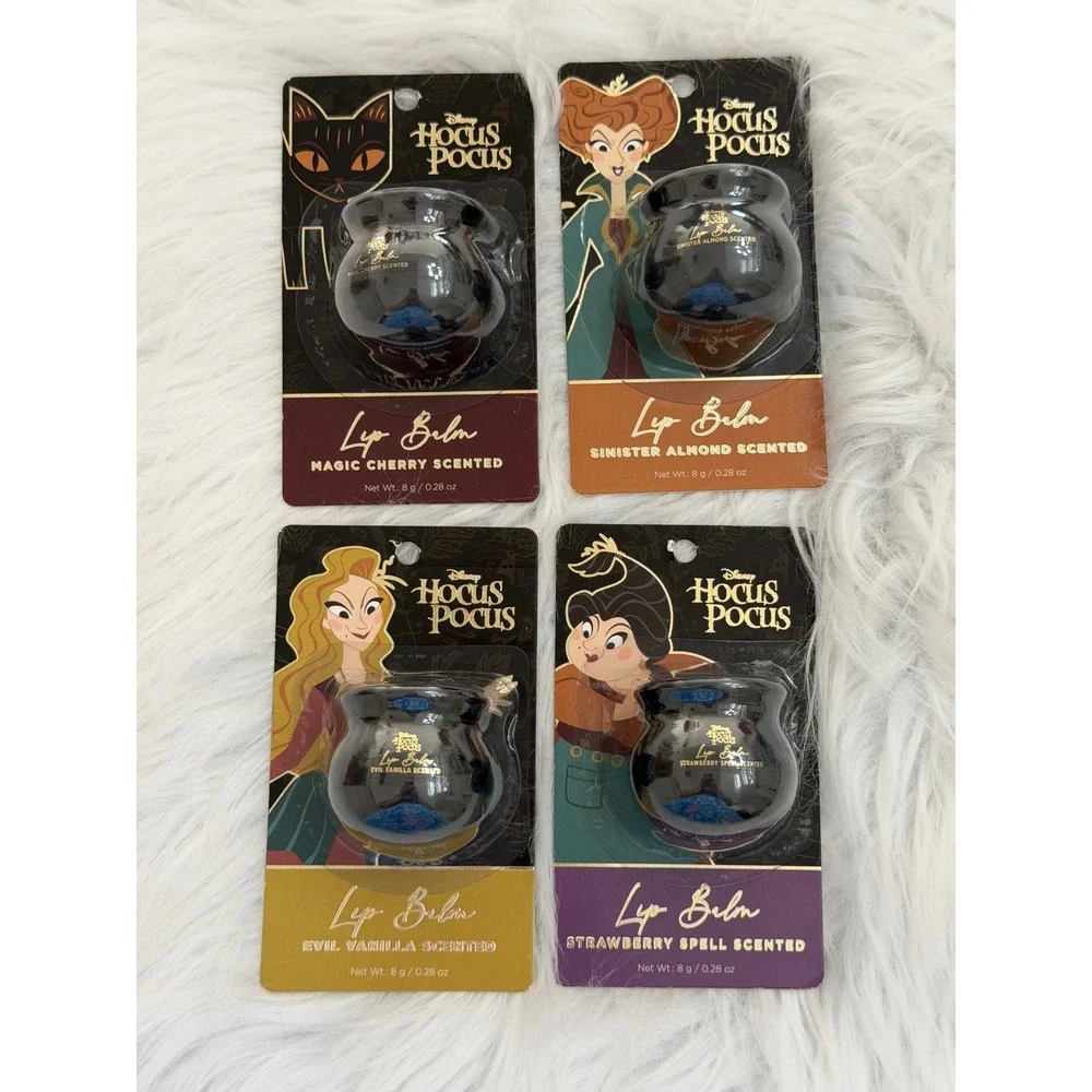 Disney Hocus Pocus Lip Balm Set 4 Cauldron Jars Cherry Almond Vanilla Strawberry